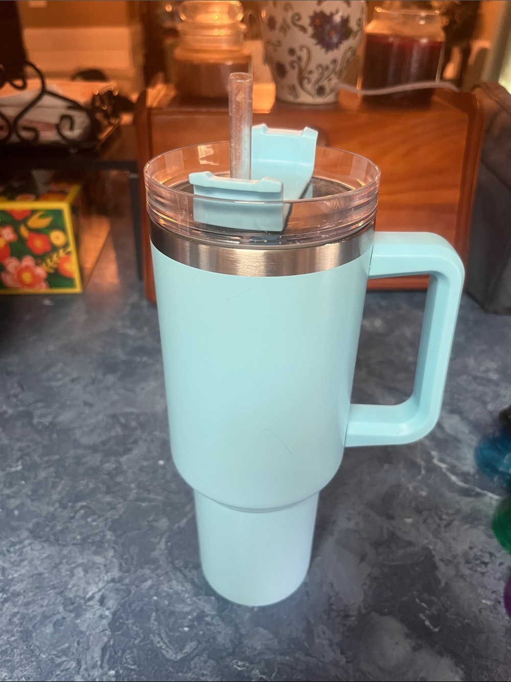 40 oz Aqua Travel Tumbler with Handle and Reusable Straw